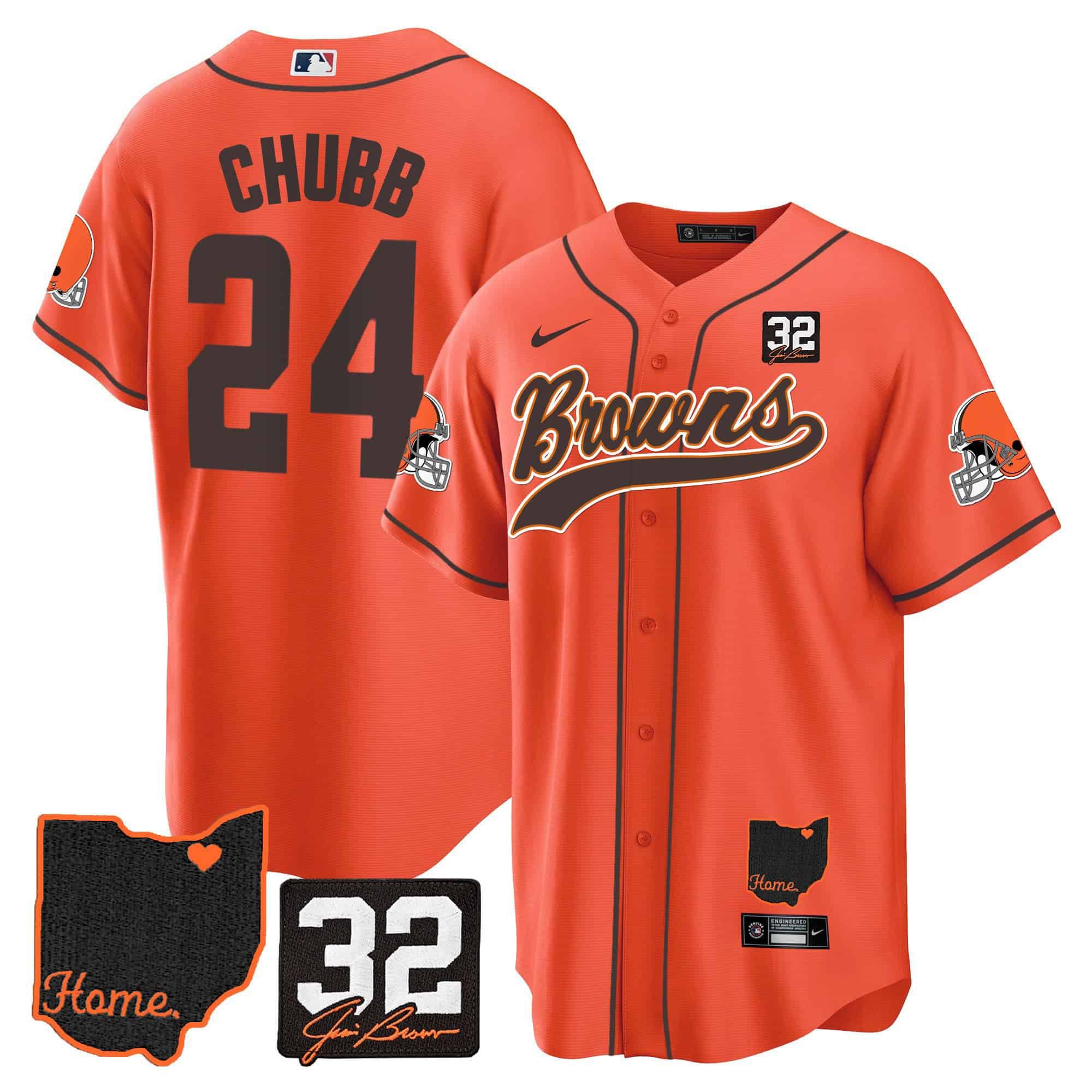 Men Cleveland Browns #24 Chubb Orange Memorial Home Patch Baseball 2024 Nike NFL Jersey